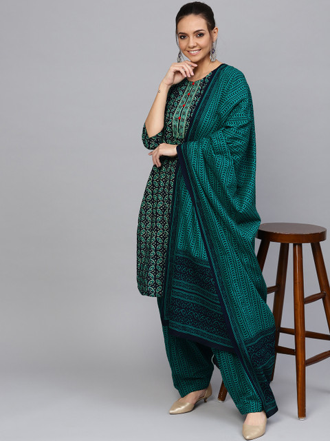 

Jaipur Kurti Women Blue & Green Printed Kurta with Salwar & Dupatta