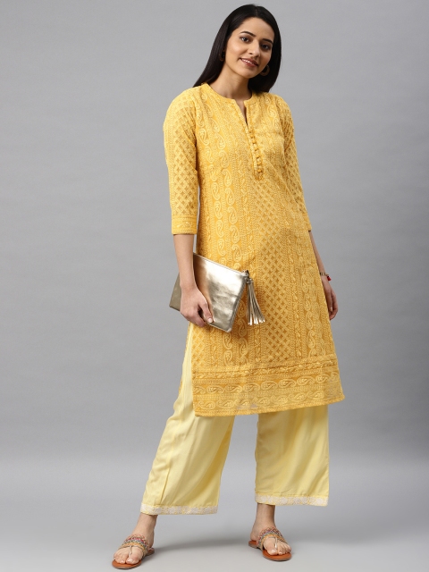 

Soch Women Mustard Yellow Embroidered A-Line Kurta
