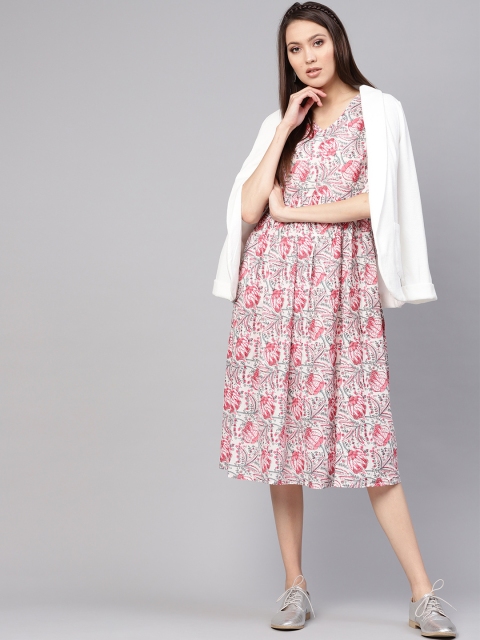 

Nayo Women Off-White & Pink Floral Print A-Line Dress
