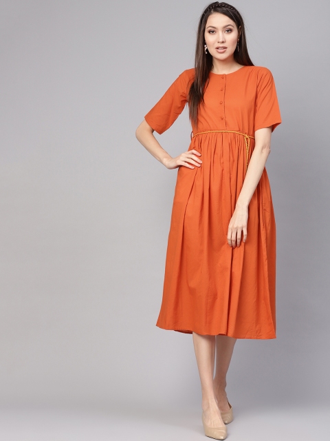 

Nayo Women Rust Orange Solid A-Line Dress