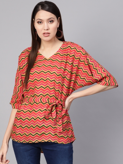 

Nayo Women Pink & Beige Chevron Print Cinched Waist Top