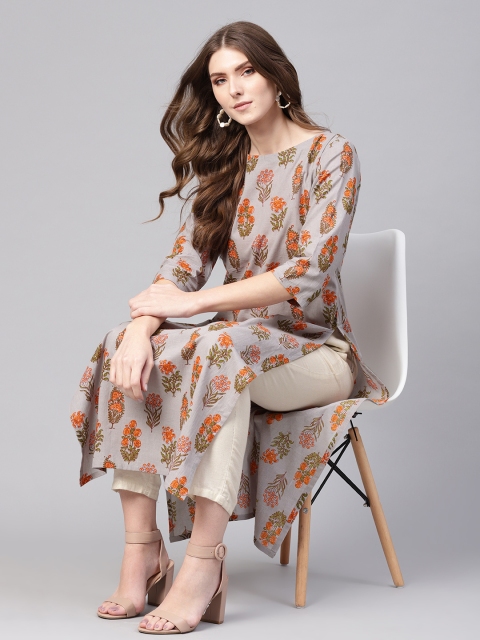 

Nayo Women Grey & Orange Floral Printed Straight Kurta