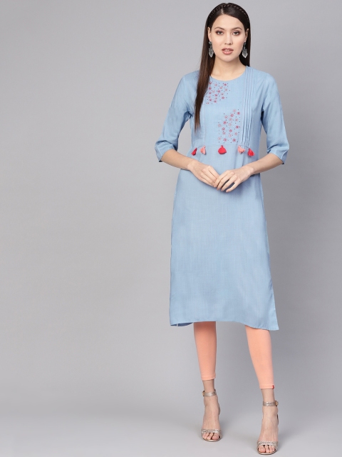 

Nayo Women Blue Floral Embroidered Detail Straight Kurta