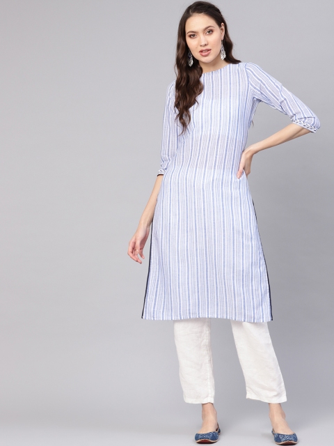 

Nayo Women Blue & White Striped Straight Kurta