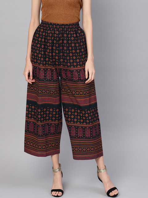 

Nayo Women Black & Orange Printed Cropped Straight Palazzos