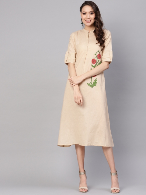 

Nayo Women Beige Printed Detail A-Line Dress With Floral Embroidered Detail