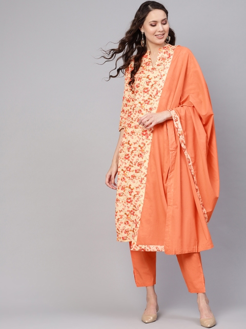 

Nayo Women Cream-Coloured & Peach-Coloured Printed Kurta with Palazzos & Dupatta