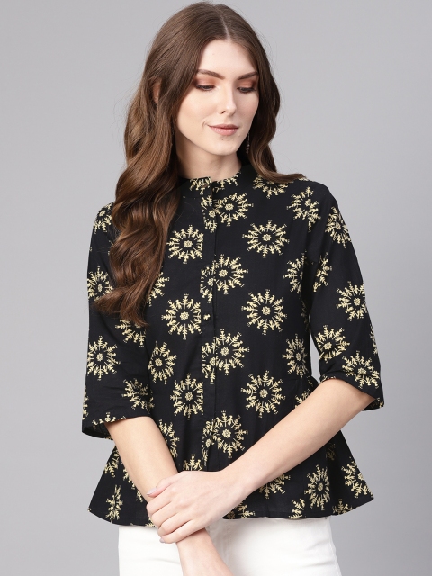 

Nayo Women Black & Cream-Coloured Printed Pure Cotton Shirt Style Pure Cotton Top