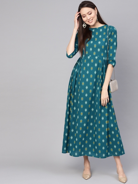 

Nayo Women Teal Blue & Yellow Printed Maxi Dress