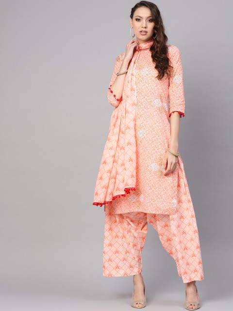 

Nayo Women Peach-Coloured & Orange Printed Kurta with Patiala & Dupatta