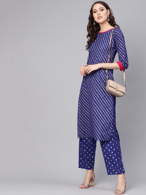 

Nayo Women Blue & Golden Leheriya Print Kurta with Trousers