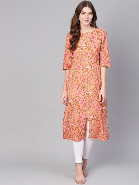 

Nayo Women Peach-Coloured & Olive Green Floral Printed Straight Kurta