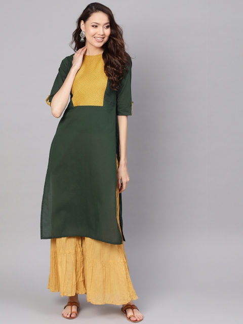 

Nayo Women Green & Yellow Yoke Design Straight Kurta