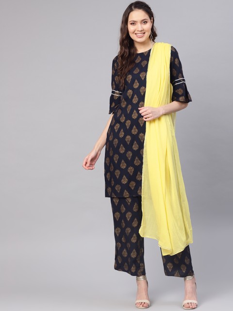 

Nayo Women Navy Blue & Golden Printed Kurta with Palazzos & Dupatta