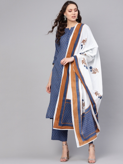 

Nayo Women Blue & White Printed Kurta with Trousers & Dupatta