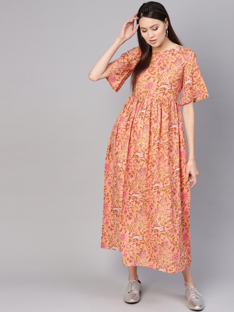 

Nayo Women Peach-Coloured & Green Floral Print Maxi Dress