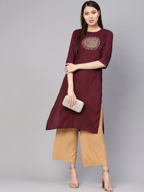 

Nayo Women Burgundy Yoke Design Straight Kurta