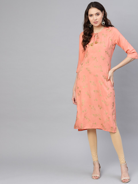 

Nayo Women Peach-Coloured & Golden Khari Printed Straight Kurta