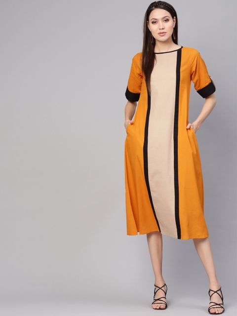 

Nayo Women Mustard Yellow & Beige Colourblocked A-Line Dress