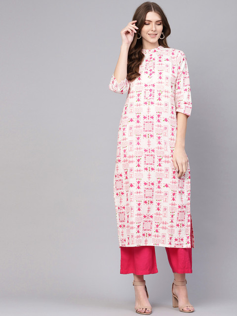 

Nayo Women White & Pink Printed Straight Kurta