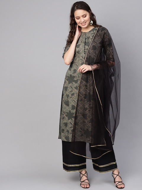

Nayo Women Grey & Black Printed Kurta with Palazzos With Dupatta, Charcoal