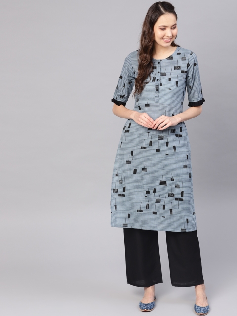 

Nayo Women Grey & Black Printed Kurta with Palazzos