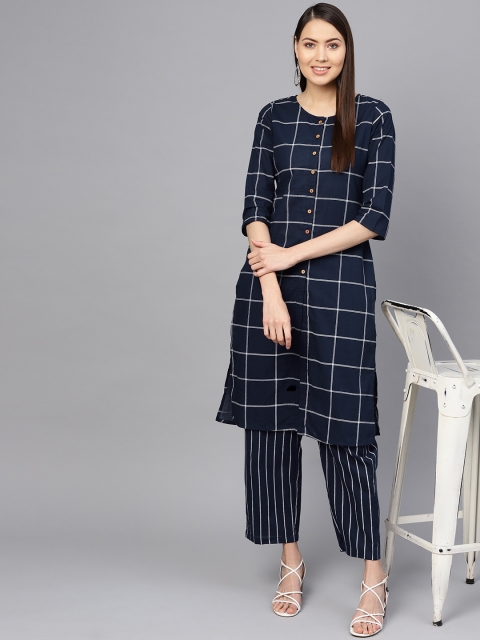 

Nayo Women Navy Blue & White Checked Kurta with Palazzos