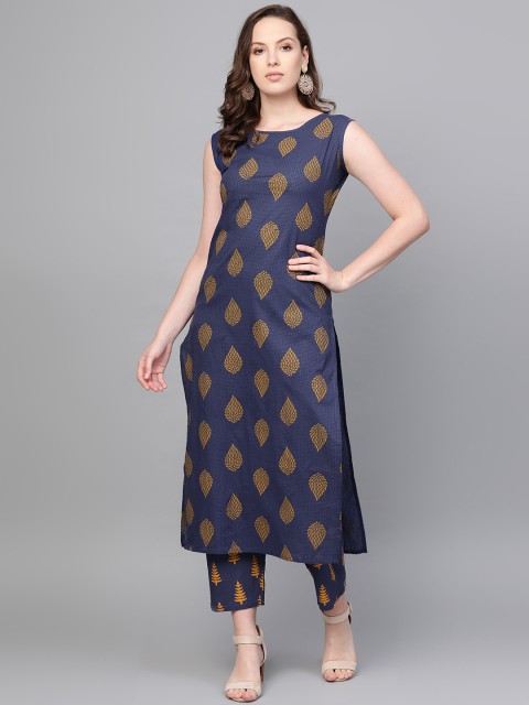 

Nayo Women Navy Blue & Mustard Yellow Printed Kurta with Trousers