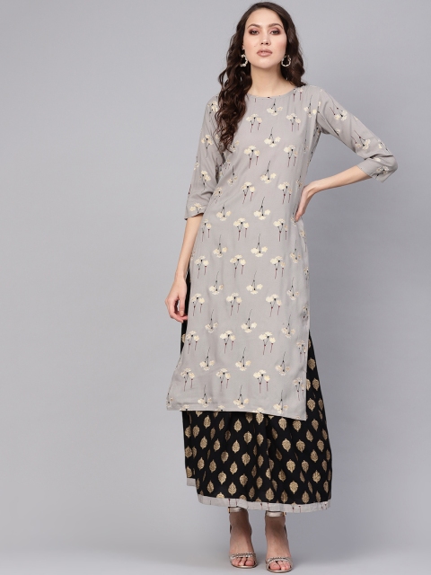 

Nayo Women Charcoal Grey & Black Printed Kurta with Skirt