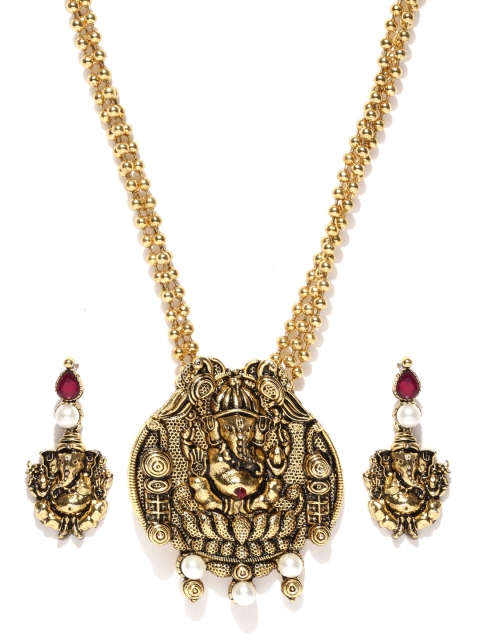 

Zaveri Pearls Antique Gold-Toned Earrings & Pendent Set with Chain