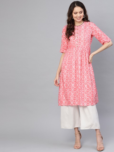

Nayo Women Pink & Off-White Printed Straight Kurta