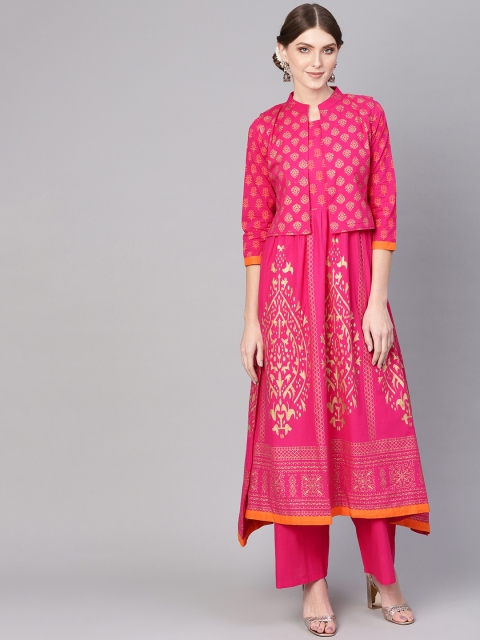 

Nayo Women Pink & Golden Block Print Kurta with Palazzos & Ethnic Jacket