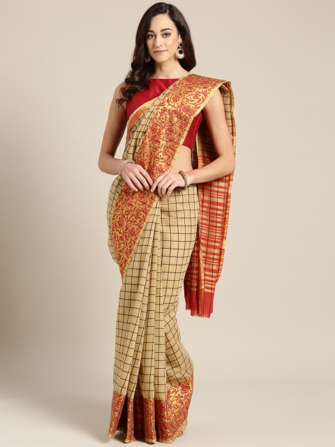 

Ishin Beige & Rust Red Checked Chanderi Saree