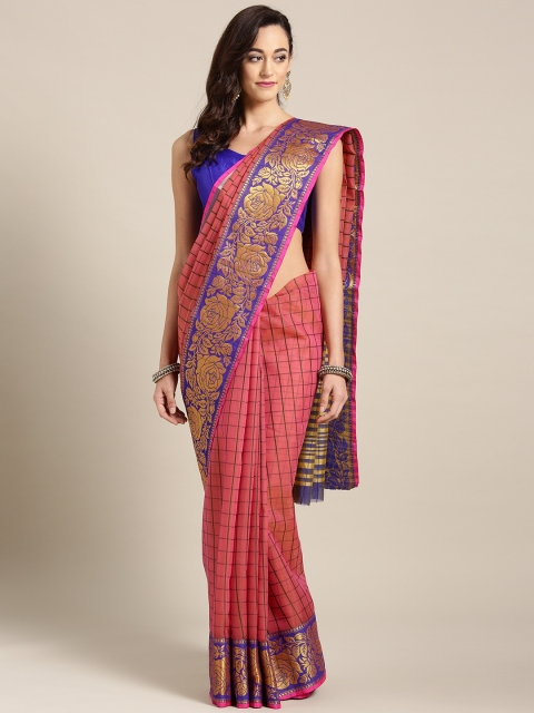 

Ishin Pink & Blue Checked Chanderi Saree