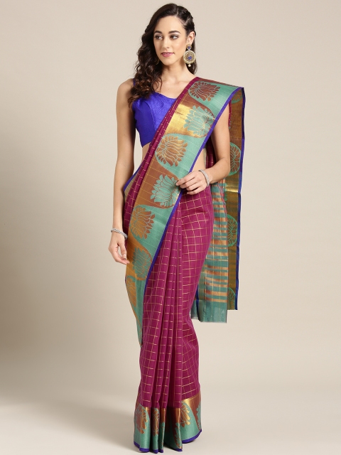 

Ishin Purple & Golden Checked Chanderi Saree