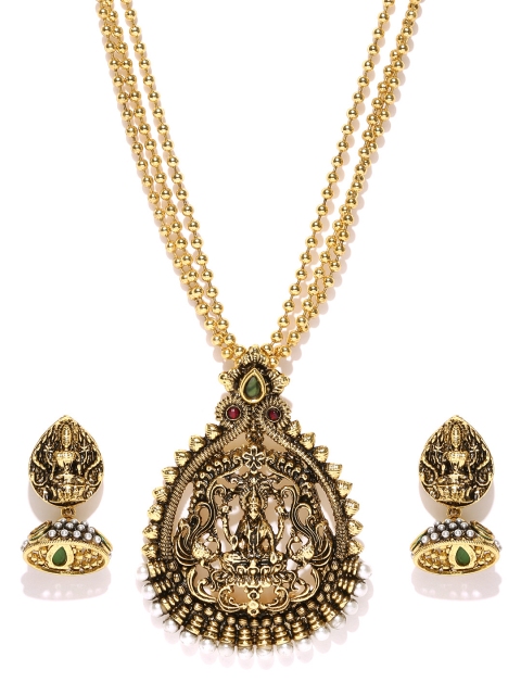 

Zaveri Pearls Antique Gold-Toned Earrings & Pendant Set with Chain