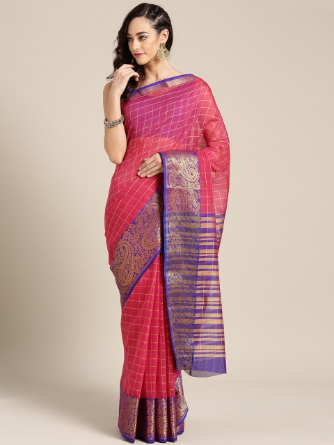 

Ishin Pink & Golden Checked Zari Detail Chanderi Saree