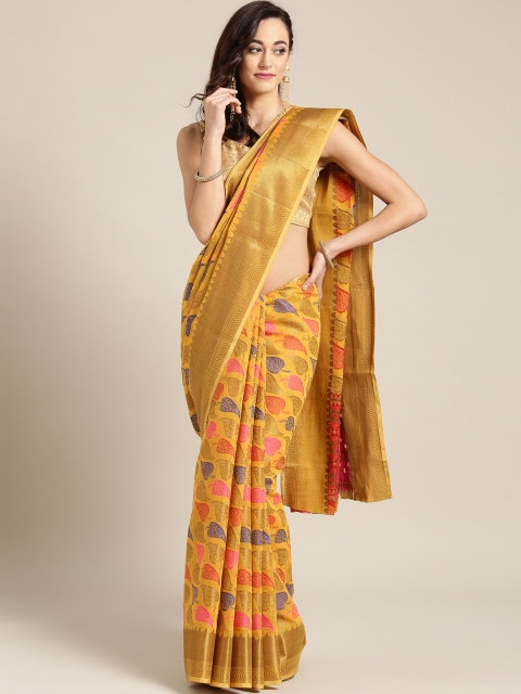 

Ishin Mustard Yellow & Blue Woven Design Chanderi Saree