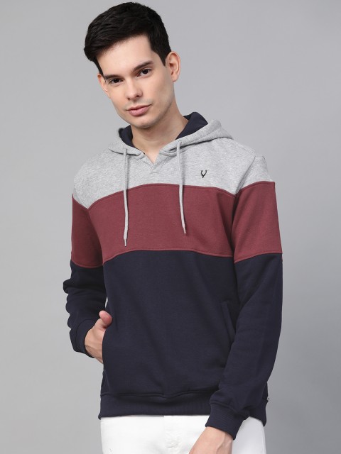 

Allen Solly Men Navy Blue & Maroon Colourblocked Hooded Sweatshirt