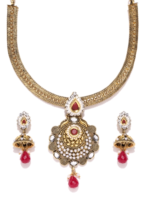 

Zaveri Pearls Gold-Toned & Maroon Earrings & Pendant Set with Chain