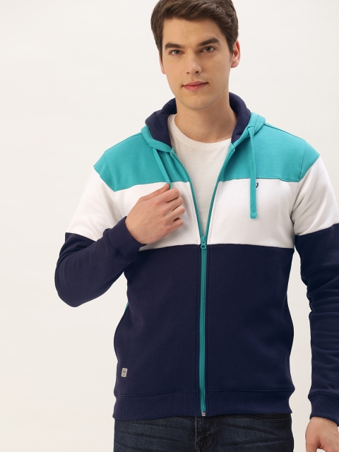 

Allen Solly Sport Men Navy Blue & White Colourblocked Hooded Sweatshirt