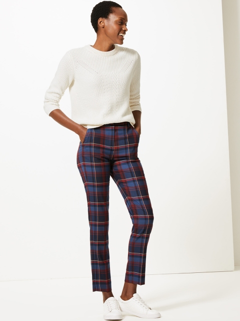 

Marks & Spencer Women Blue & Red Slim Fit Checked Formal Trousers