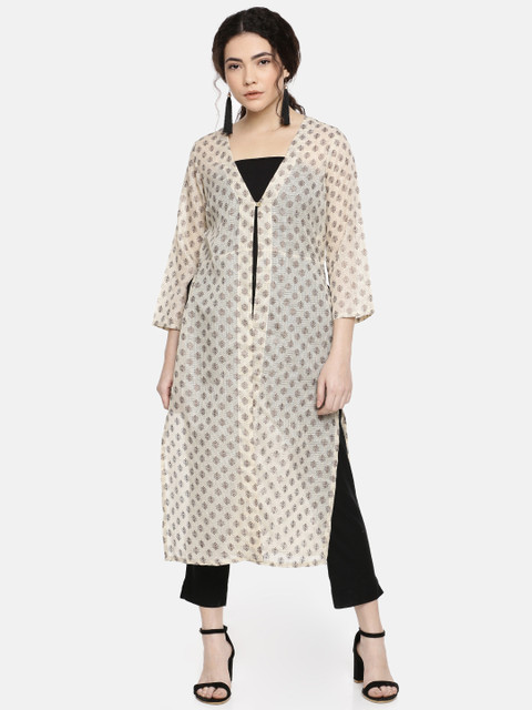 

Global Desi Women Off-White & Brown Printed Open Front Shrug