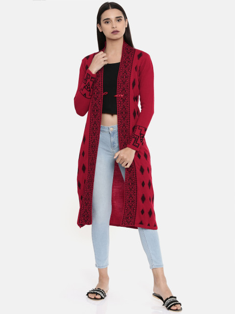 

Global Desi Women Red & Black Printed Open Front Shrug