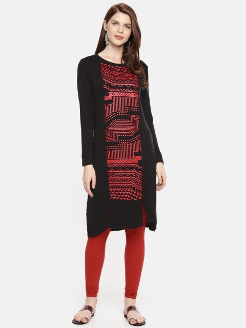 

Global Desi Women Black & Rust Printed Straight Kurta