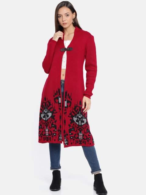 

Global Desi Women Maroon & Black Self Design Open Front Longline Shrug