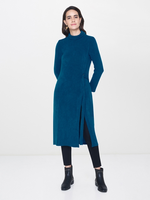 

Global Desi Women Teal Blue Solid Sweater Tunic with Tie-up Detail
