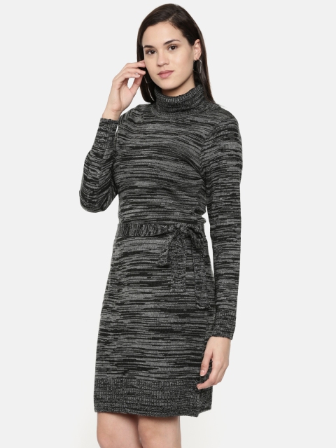 

Global Desi Women Self Design Grey& Black knitted Sheath Dress