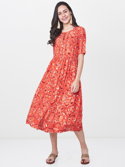 

Global Desi Women Printed Orange A-Line Midi Dress