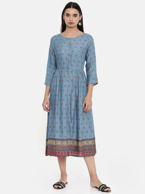 

Global Desi Women Printed Blue & Brown A-Line Dress